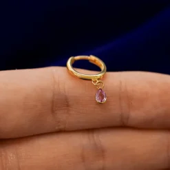 Pear Pink Sapphire Dangle Hoop