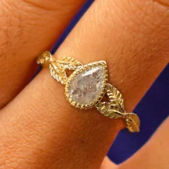 Pear Salt and Pepper Diamond Leaves Ring