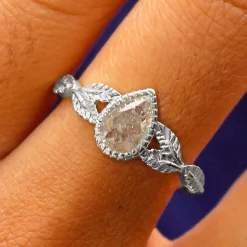 Pear Salt and Pepper Diamond Leaves Ring