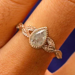 Pear Salt and Pepper Diamond Leaves Ring